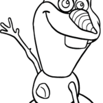 Black and white line art of Olaf the snowman from Frozen, featuring his signature carrot nose, twig hair, and wide, happy smile, ready for coloring.