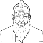 Line art illustration of an elderly anime man with distinct facial features and expressive eyes, designed for coloring practice.