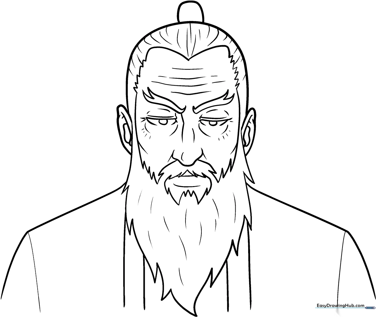 Line art illustration of an elderly anime man with distinct facial features and expressive eyes, designed for coloring practice.