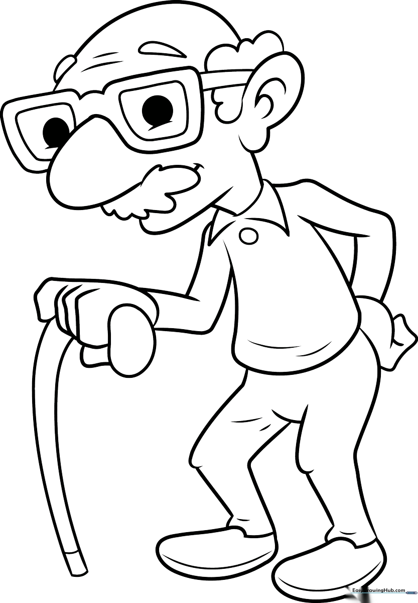 Line art illustration of a friendly old man with glasses and a mustache, designed for children to color with crayons or markers.