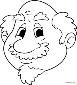 Black and white line art of an elderly man's face with distinct wrinkles and expressive features, designed for children to color.