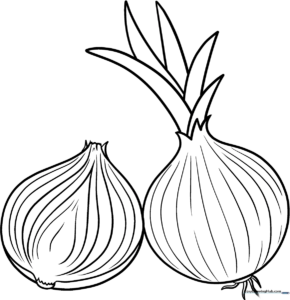 A friendly cartoon onion with simple, bold outlines, perfect for children to color with markers or crayons.