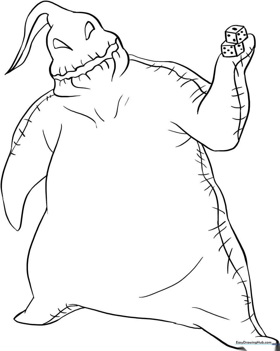 Black and white line art of Oogie Boogie from The Nightmare Before Christmas, featuring his stitched burlap texture and wide, mischievous grin, ready for coloring.