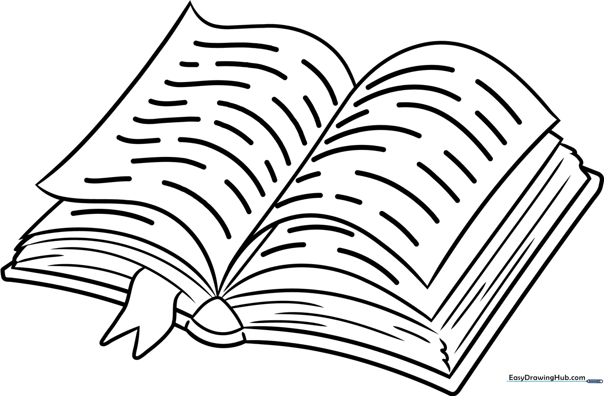 Black and white line art of an open book with blank pages, featuring clear, bold outlines for easy coloring by children.