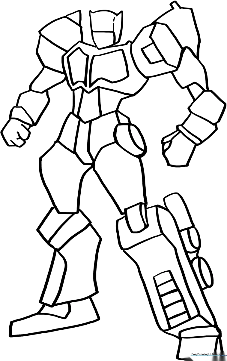 Black and white line art of Optimus Prime standing in a heroic pose, featuring clear outlines for easy coloring by children.