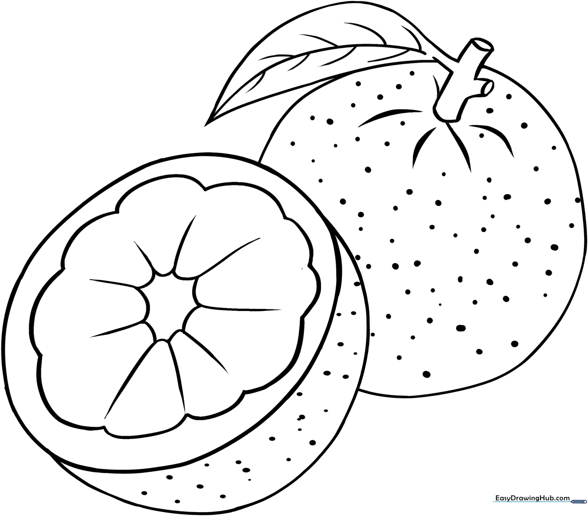 Black and white line art of a round orange with a small leaf, designed for children to color with crayons or markers.