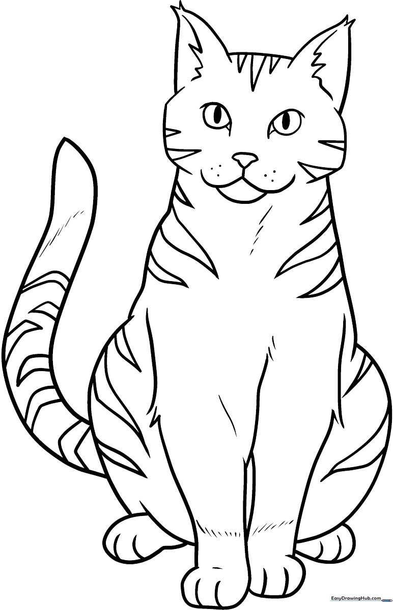 Black and white line art of a seated orange tabby cat with distinct stripes, ready for children to color with markers or crayons.