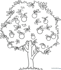 Black and white line art of a cartoon orange tree with round fruit and leafy branches, designed for children to color.