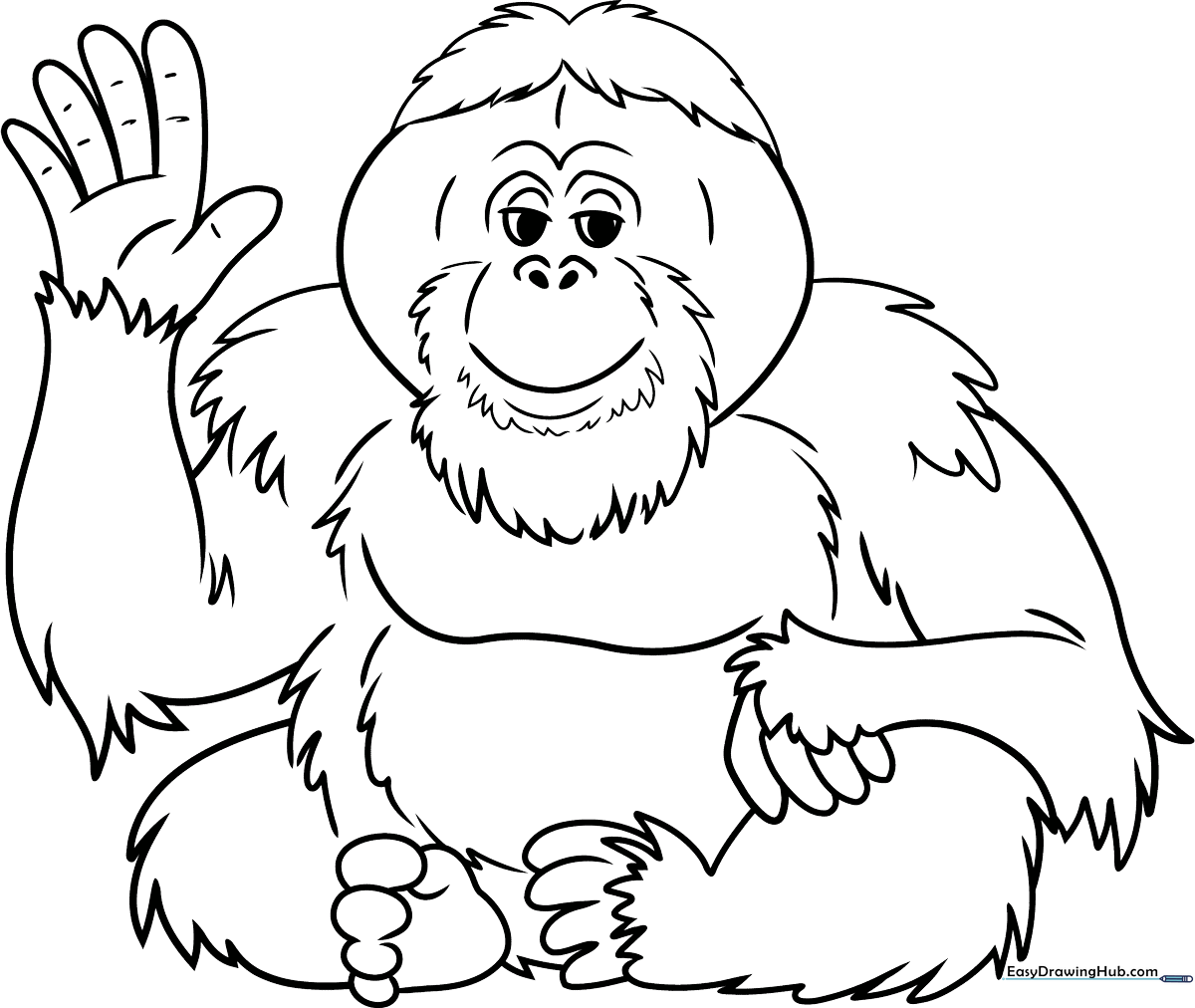 A friendly cartoon orangutan with expressive eyes and long arms, outlined in clean black lines on a white background for easy coloring.
