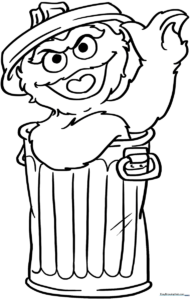 Black and white line art of Oscar the Grouch peeking out of his metal trash can, featuring bold outlines for easy coloring.