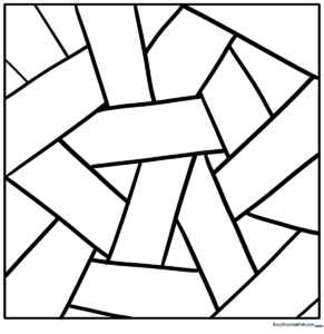 Black and white geometric pattern featuring intersecting lines that create various shapes for children to color and practice precision.