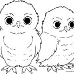 Two cute cartoon owl babies sitting side-by-side with large expressive eyes, rendered in clean black outlines on a white background for coloring.