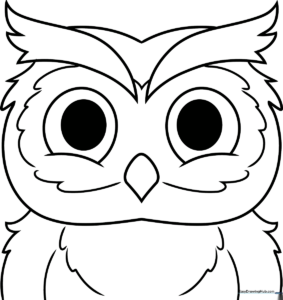 Black and white line art of a friendly owl face with large, expressive eyes and detailed feathers, designed for children to color.