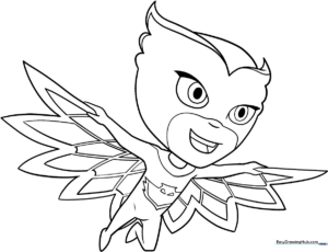 Black and white line art of Owlette from PJ Masks in a dynamic superhero pose, featuring clear outlines for easy coloring by young children.