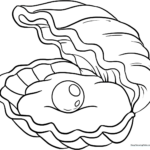 Black and white line art of an open oyster shell revealing a round, glowing pearl inside, designed for children's coloring activities.