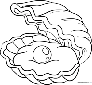 Black and white line art of an open oyster shell revealing a round, glowing pearl inside, designed for children's coloring activities.