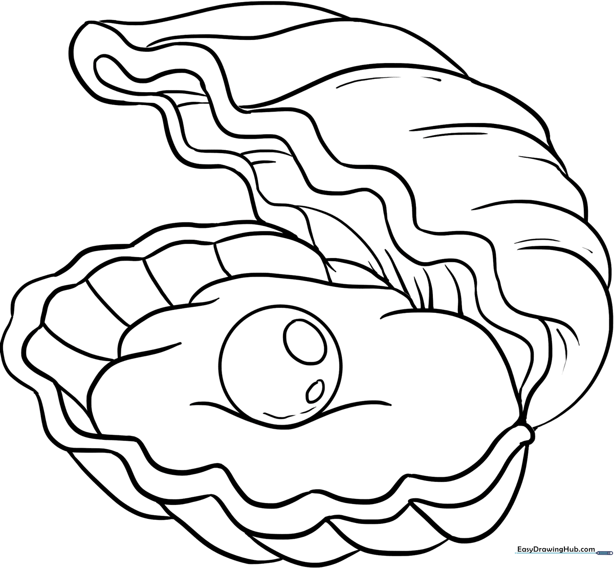 Black and white line art of an open oyster shell revealing a round, glowing pearl inside, designed for children's coloring activities.