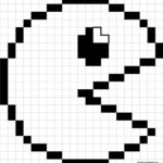 A clean, black-and-white grid-based pixel art outline of Pac-Man, designed for educational coloring and fine motor skill practice.