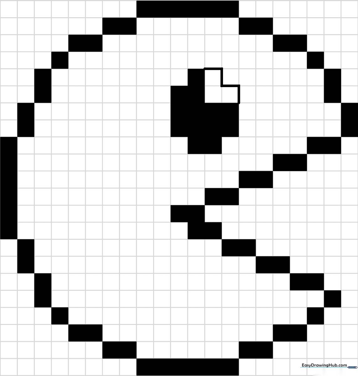 A clean, black-and-white grid-based pixel art outline of Pac-Man, designed for educational coloring and fine motor skill practice.
