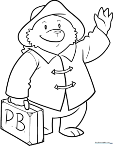 Black and white line art of Paddington Bear wearing his signature hat and coat, ready for children to color with crayons or markers.