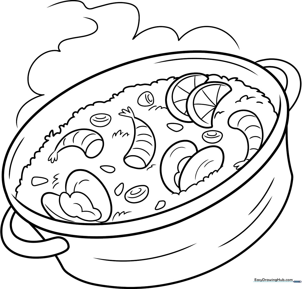 Black and white line art of a traditional paella pan filled with shrimp, mussels, and vegetables, ready for coloring.