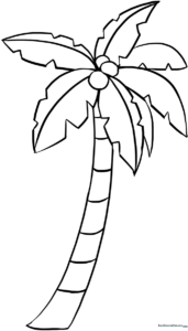 A simple black and white line drawing of a palm tree with a textured trunk and large, sweeping fronds, designed for children to color.