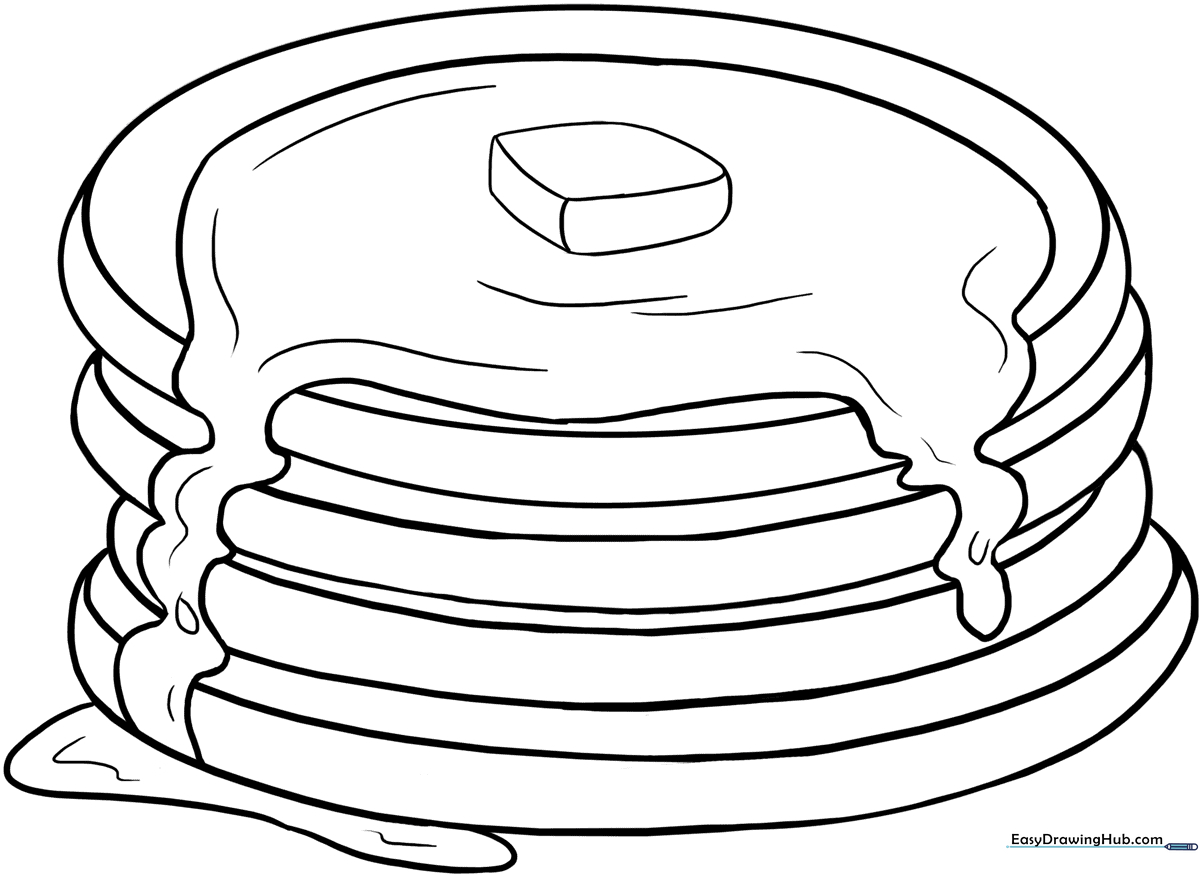 Black and white line art of a tall stack of fluffy pancakes with a pat of butter melting on top, designed for children to color.