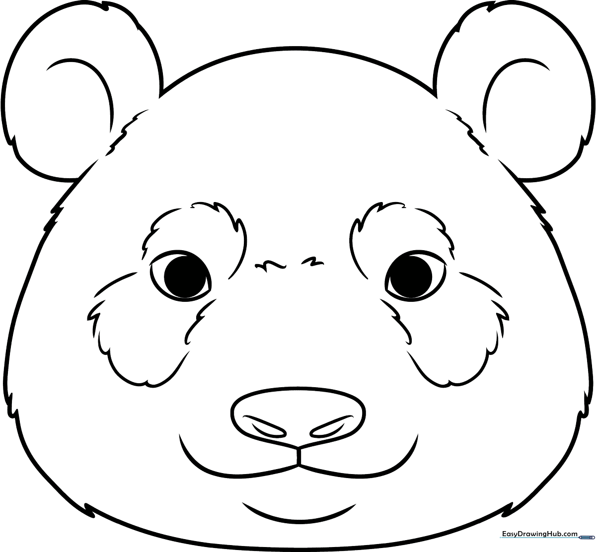 A clean, black-and-white line art illustration of a cute panda face with large eyes and round ears, designed for children to color.
