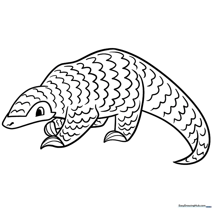 A friendly cartoon pangolin with distinct overlapping scales, designed as a clear, high-contrast coloring page for children to practice shading and pattern work.