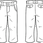 Black and white line art of a pair of casual trousers with clean outlines, designed for children to color and customize.