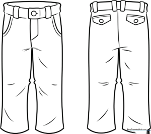 Black and white line art of a pair of casual trousers with clean outlines, designed for children to color and customize.