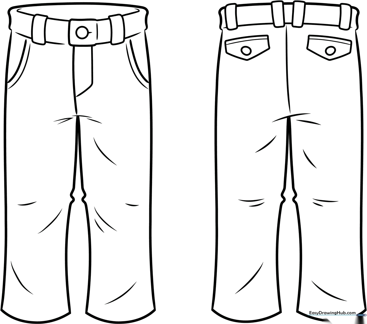 Black and white line art of a pair of casual trousers with clean outlines, designed for children to color and customize.
