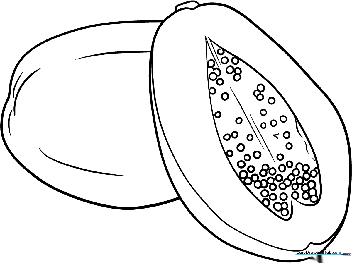 Black and white line art of a sliced papaya showing the central seed cavity, designed for children to color.