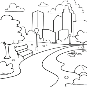 Black and white line art of a public park featuring trees, a winding path, and open space for children to color.