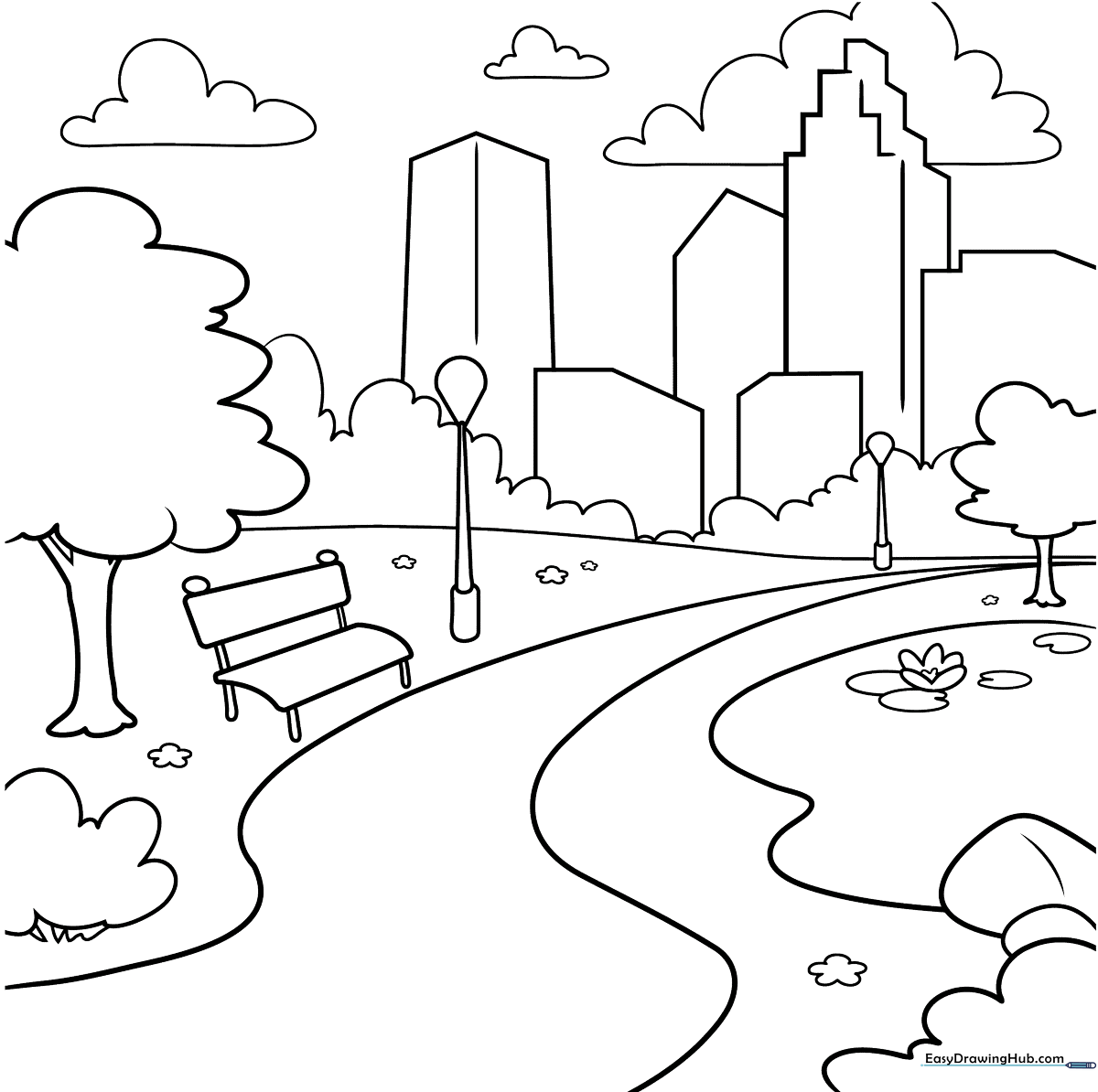 Black and white line art of a public park featuring trees, a winding path, and open space for children to color.
