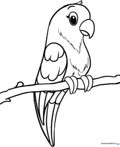 Black and white line art of a friendly parrot perched on a branch, featuring clear outlines for easy coloring by children.