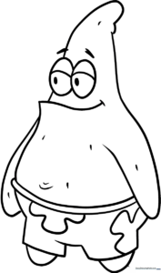 Black and white line art of Patrick Star from SpongeBob SquarePants, featuring his signature star shape and shorts, ready for coloring.