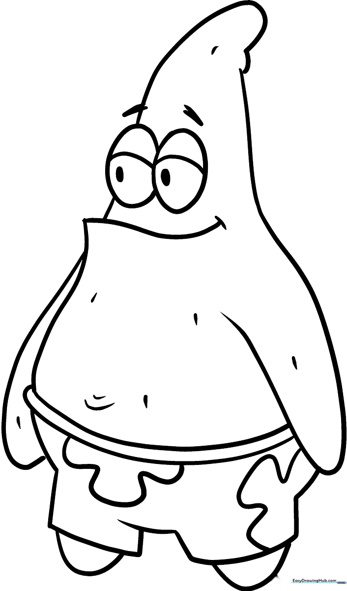 Black and white line art of Patrick Star from SpongeBob SquarePants, featuring his signature star shape and shorts, ready for coloring.