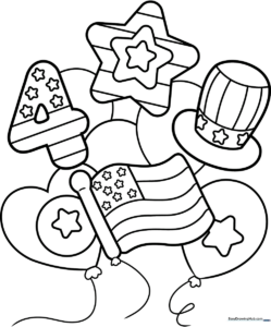 A festive illustration of three balloons tied together with stars and stripes patterns, outlined for children to color.