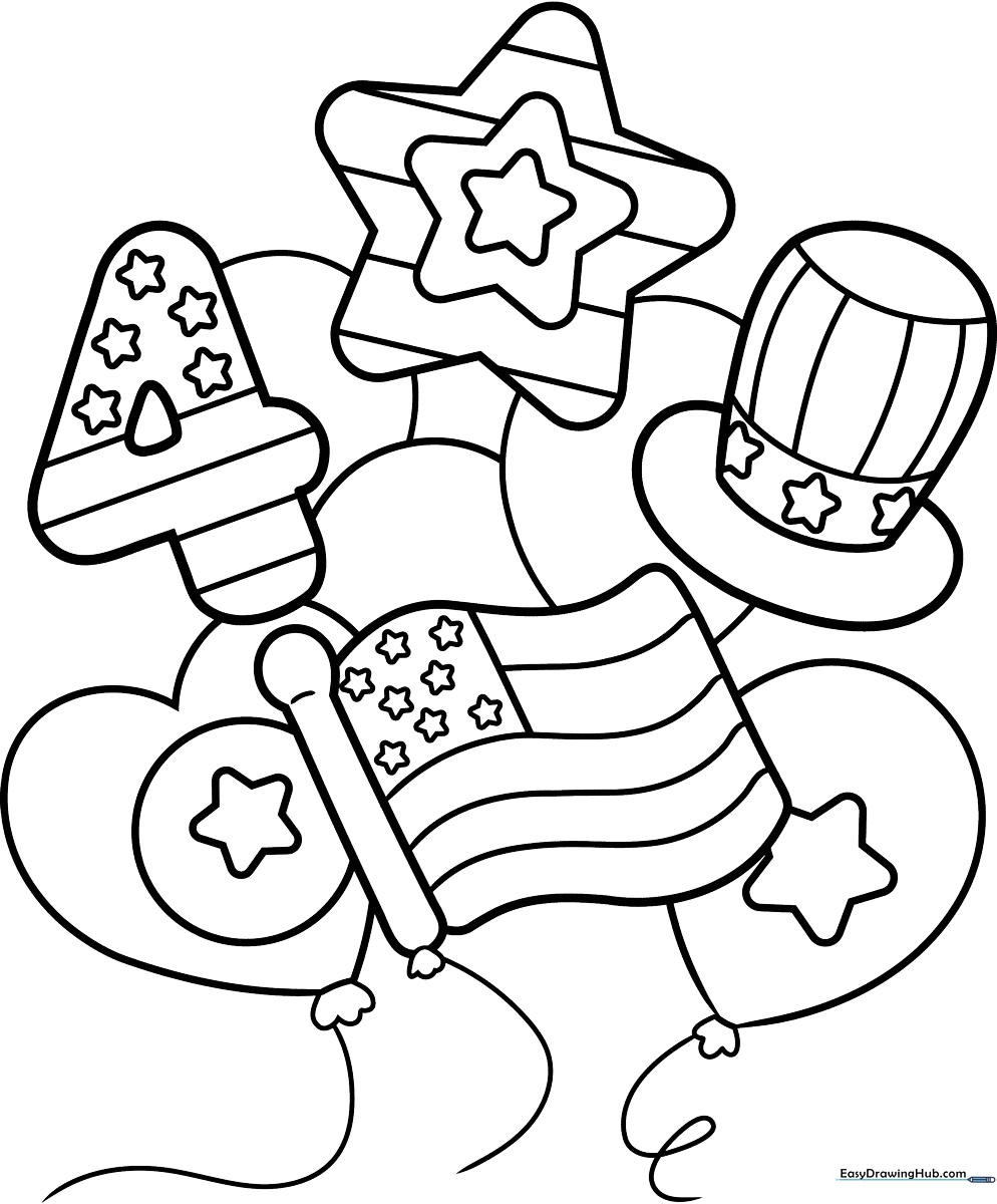 A festive illustration of three balloons tied together with stars and stripes patterns, outlined for children to color.