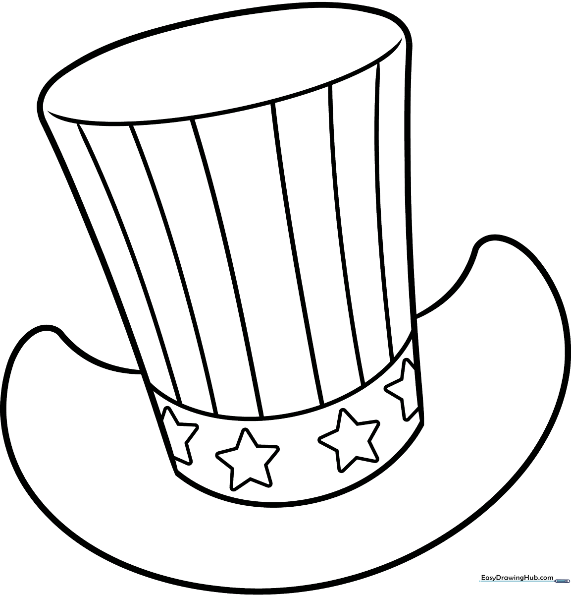 A clean, black-and-white line art illustration of a festive top hat decorated with stars and stripes, designed for children to color.