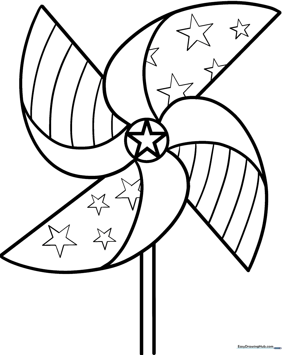 Black and white line art of a patriotic pinwheel with star patterns, ready for children to color with markers or crayons.
