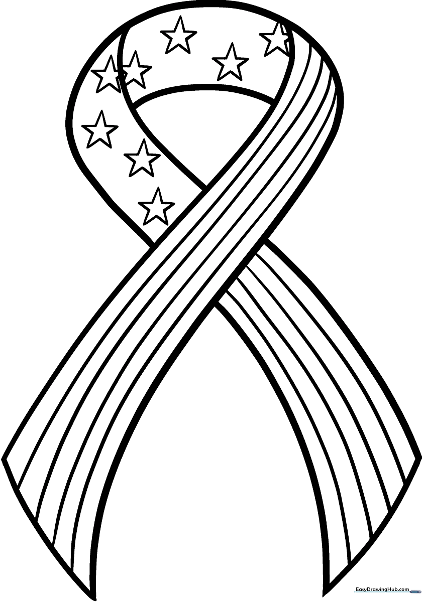 A clean, black-and-white line art illustration of a patriotic ribbon with bold outlines, designed for children to color with markers or crayons.