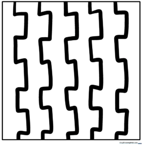 Black and white geometric pattern sheet featuring repeating shapes for children to color and practice fine motor skills.
