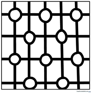 Black and white geometric pattern featuring repeating shapes for children to color and practice fine motor skills.