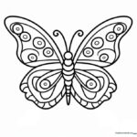 A black and white line art illustration of a butterfly with symmetrical geometric patterns on its wings, ready for children to color.