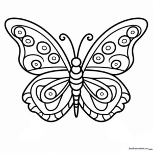 A black and white line art illustration of a butterfly with symmetrical geometric patterns on its wings, ready for children to color.