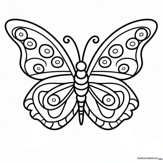 A black and white line art illustration of a butterfly with symmetrical geometric patterns on its wings, ready for children to color.