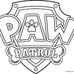 Black and white line art of the PAW Patrol shield logo featuring a central bone shape, perfect for children to color with markers or crayons.