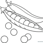 Black and white line art of three peas in a pod with happy faces, designed for children to color with crayons or markers.